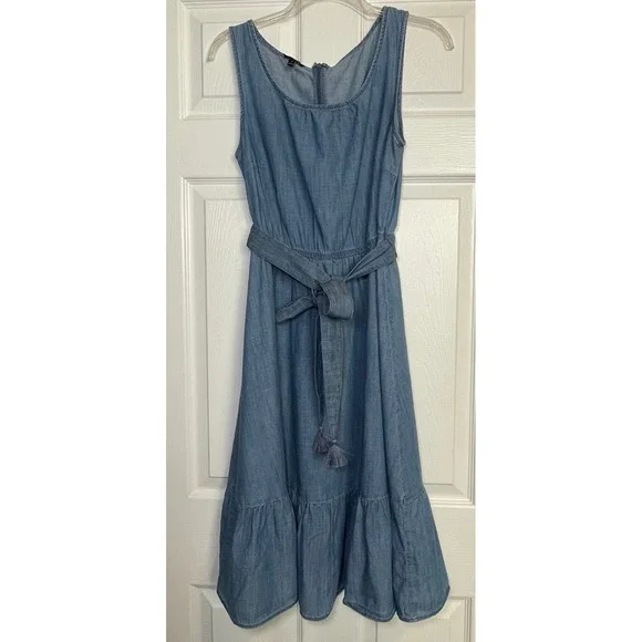 Talbots Denim Dress Women Size 4 Blue Sleeveless Chambray Tassel Belt Ruffle Hem - Picture 1 of 9